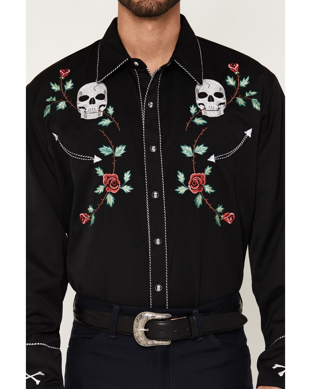 Image #3 - Scully Men's Skull & Roses Embroidered Retro Long Sleeve Western Shirt, Black, hi-res