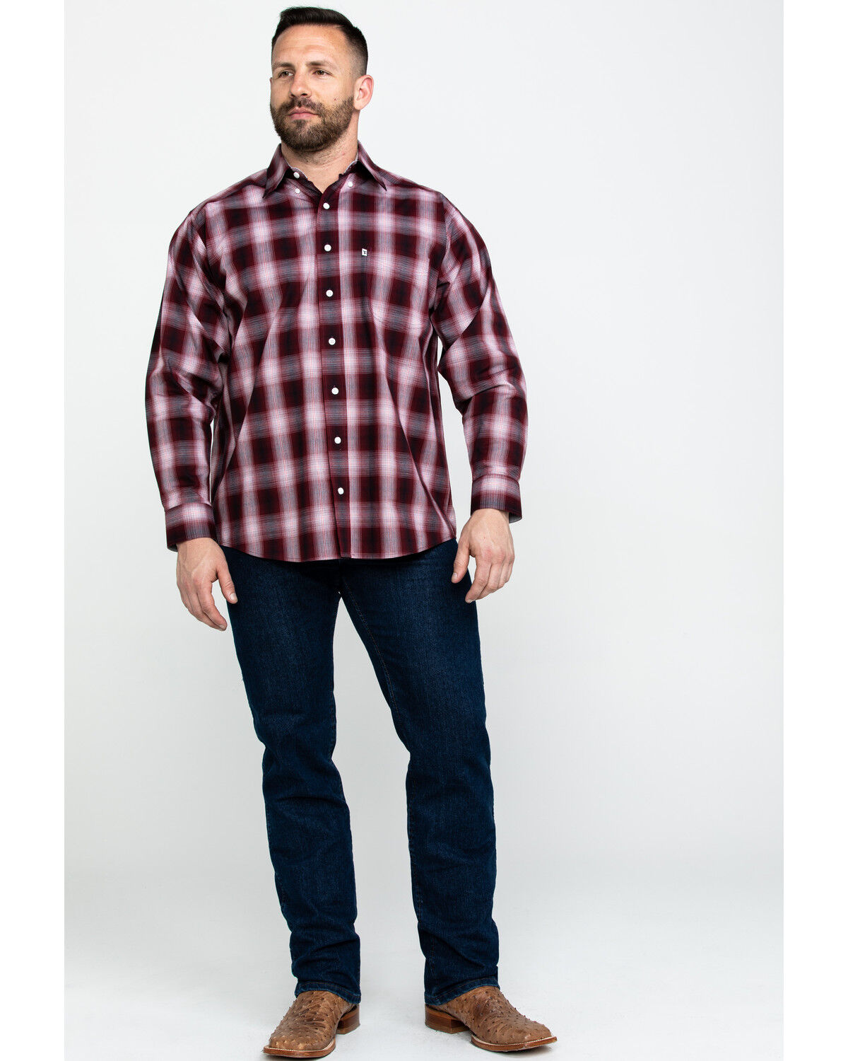 Image #5 - Tuf Cooper Men's Stretch Ombre Plaid Long Sleeve Western Shirt, Rust Copper, hi-res
