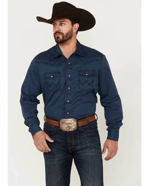 Wrangler Retro Men's Premium Solid Long Sleeve Snap Western Shirt , Blue, hi-res