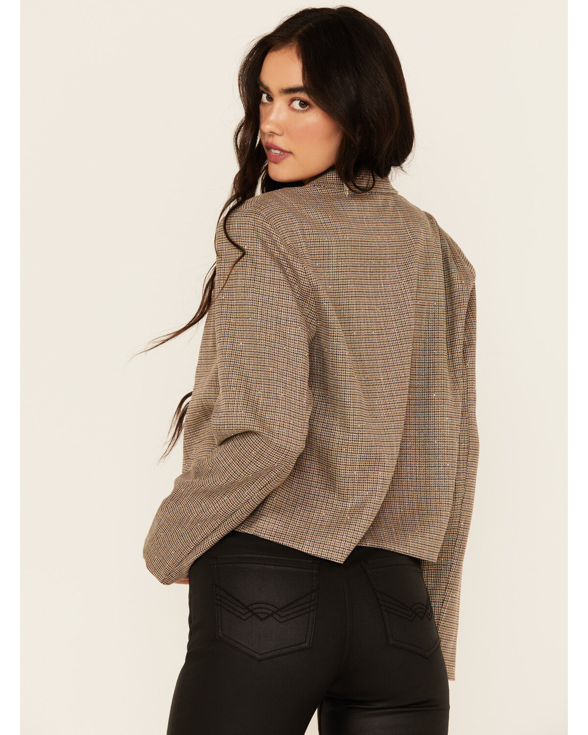 Image #4 - Mystree Women's Plaid Print Rhinestone Cropped Blazer, Lt Brown, hi-res