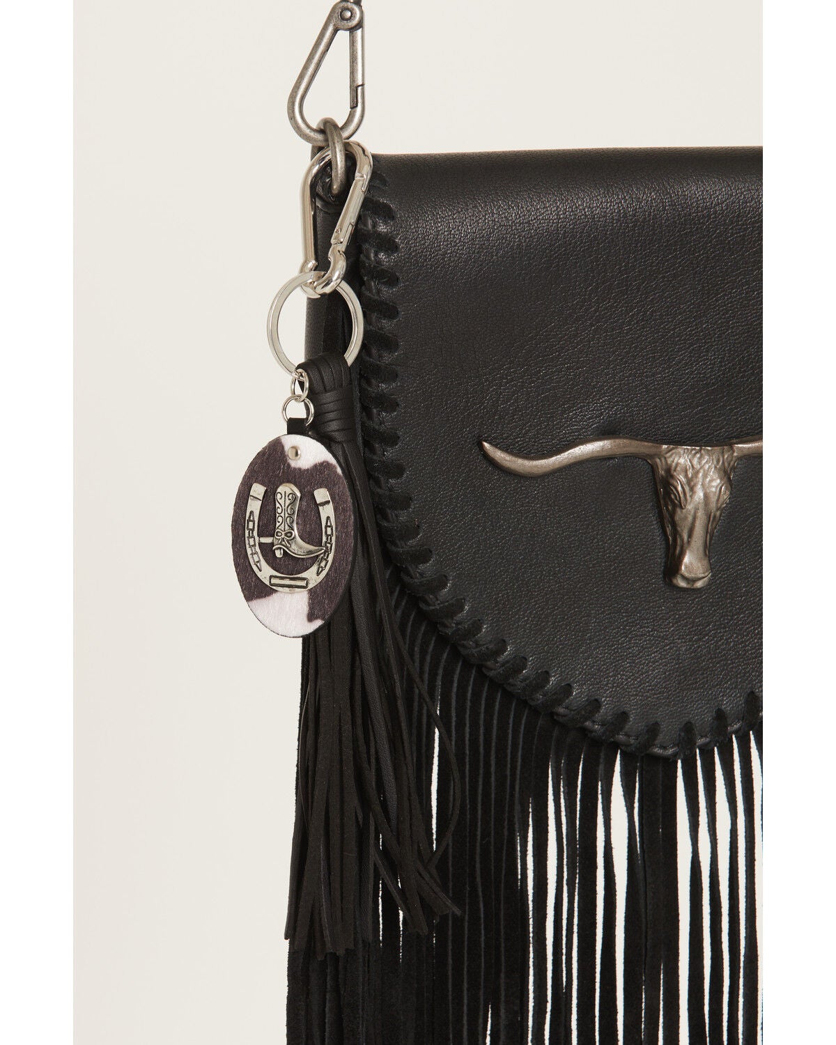Shyanne Cow Print Horseshoe Bag Charm, Black, hi-res