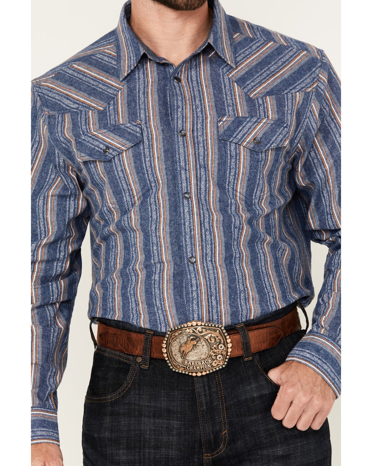 Image #3 - Cody James Men's Alpine Southwestern Striped Long Sleeve Pearl Snap Western Shirt, Navy, hi-res