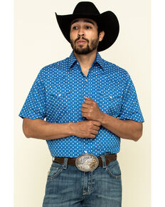 Ely Walker Men's Blue & White Southwestern Geo Print Short Sleeve Snap Western Shirt , Blue, hi-res