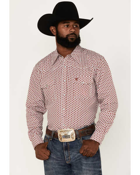 Cowboy Hardware Men's Six Star Print Long Sleeve Pearl Snap Western Shirt, Burgundy, hi-res