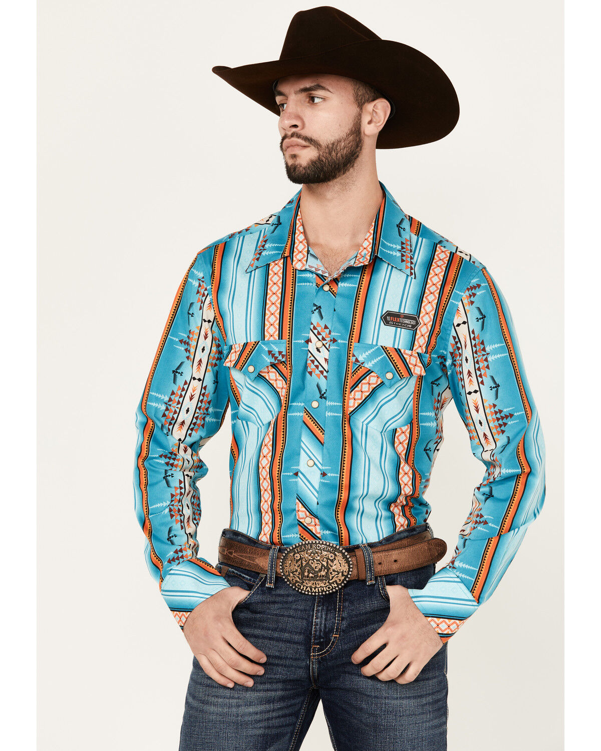 Image #1 - Rock & Roll Denim Men's Southwestern Striped Print Long Sleeve Snap Stretch Western Shirt, Turquoise, hi-res