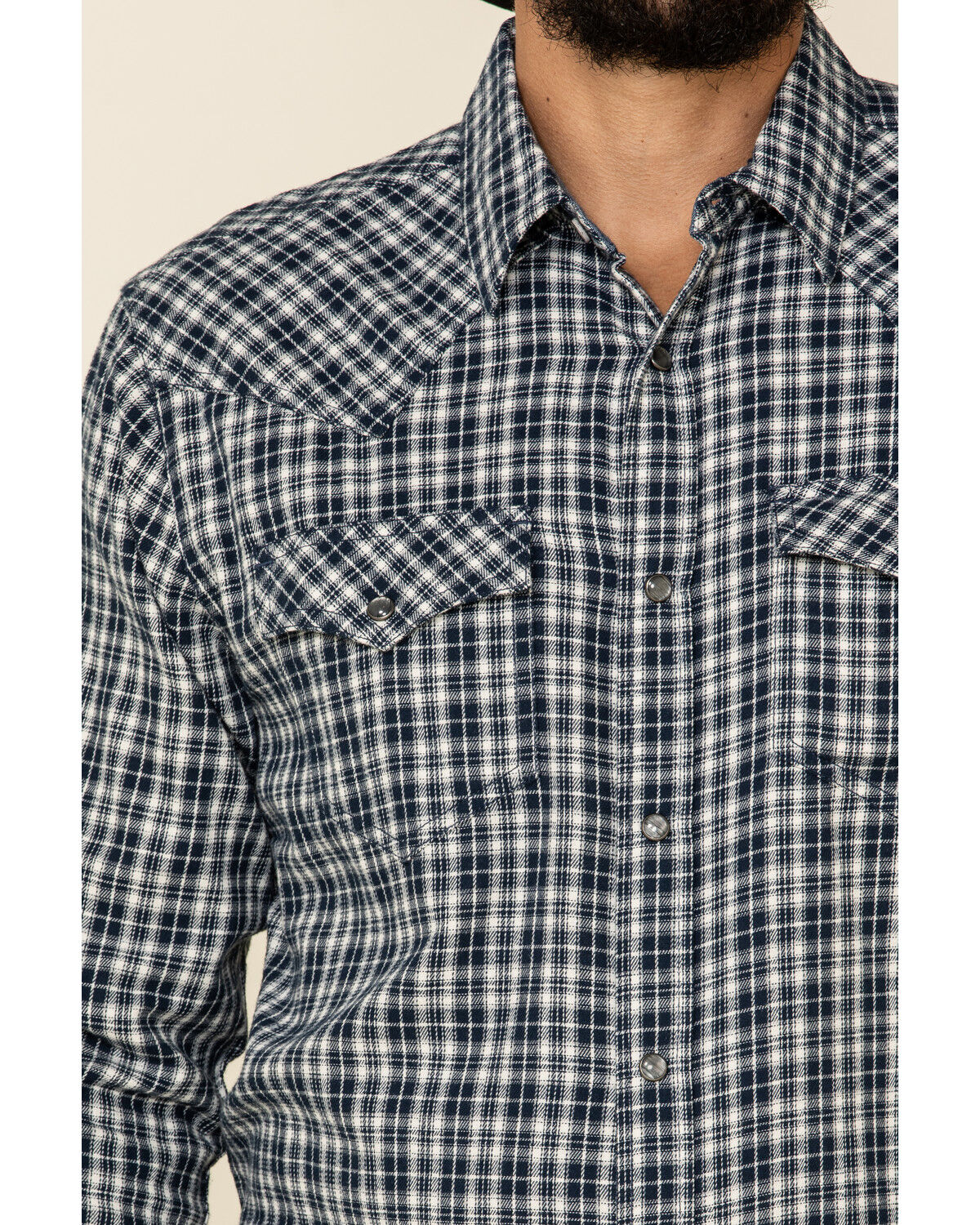 Image #4 - Cody James Men's Ash Small Plaid Long Sleeve Western Flannel Shirt, Navy, hi-res