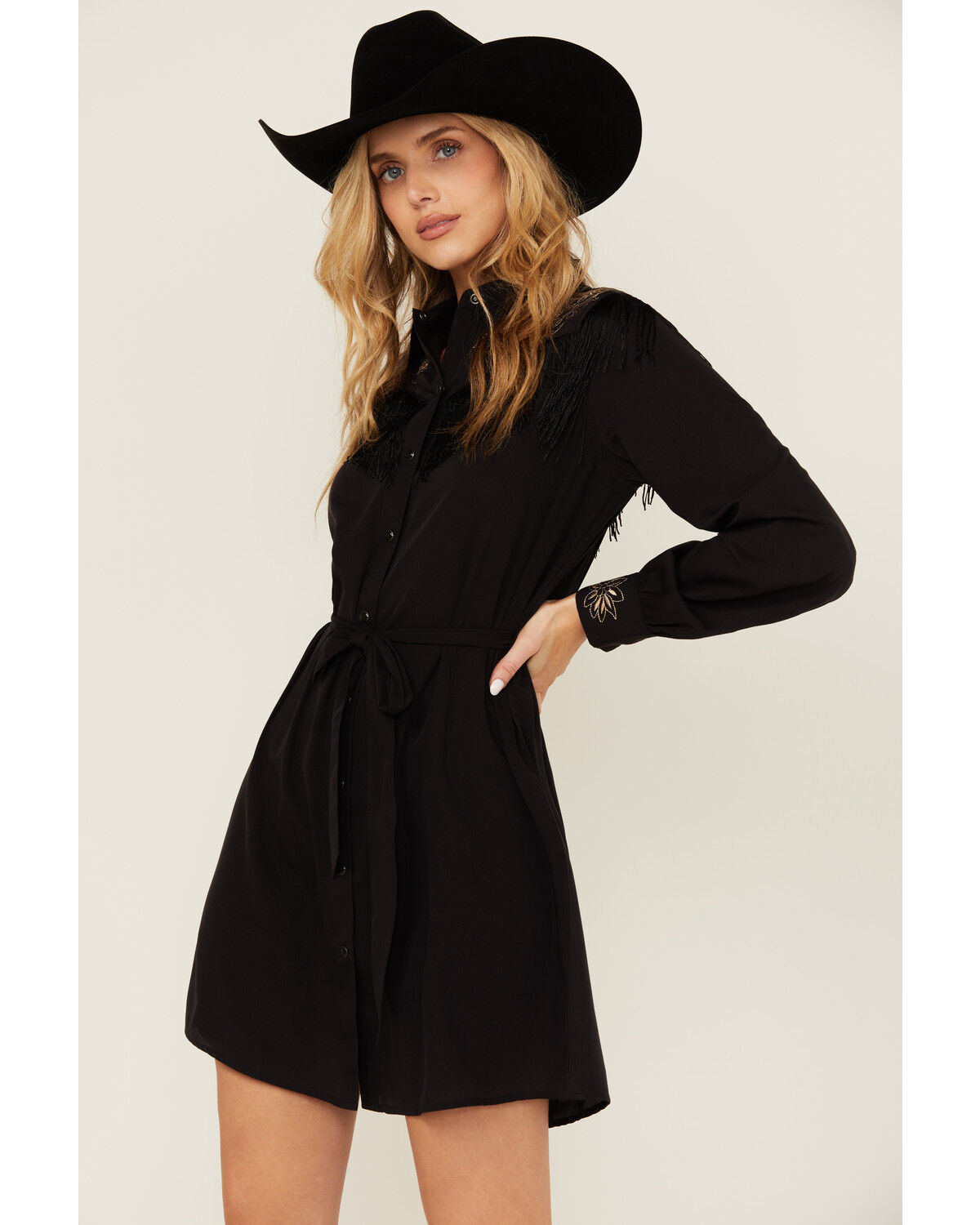 Image #2 - Rock & Roll Denim Women's Fringe Long Sleeve Snap Mini Dress, , hi-res