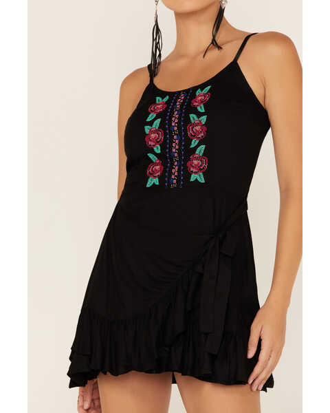 Image #3 - Panhandle Women's Floral Embroidered Wrap Skirt Dress, Black, hi-res