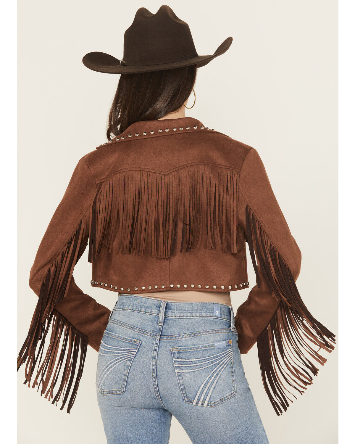 Image #4 - Saints & Hearts Women's Faux Suede Studded Fringe Cropped Jacket, Chocolate, hi-res