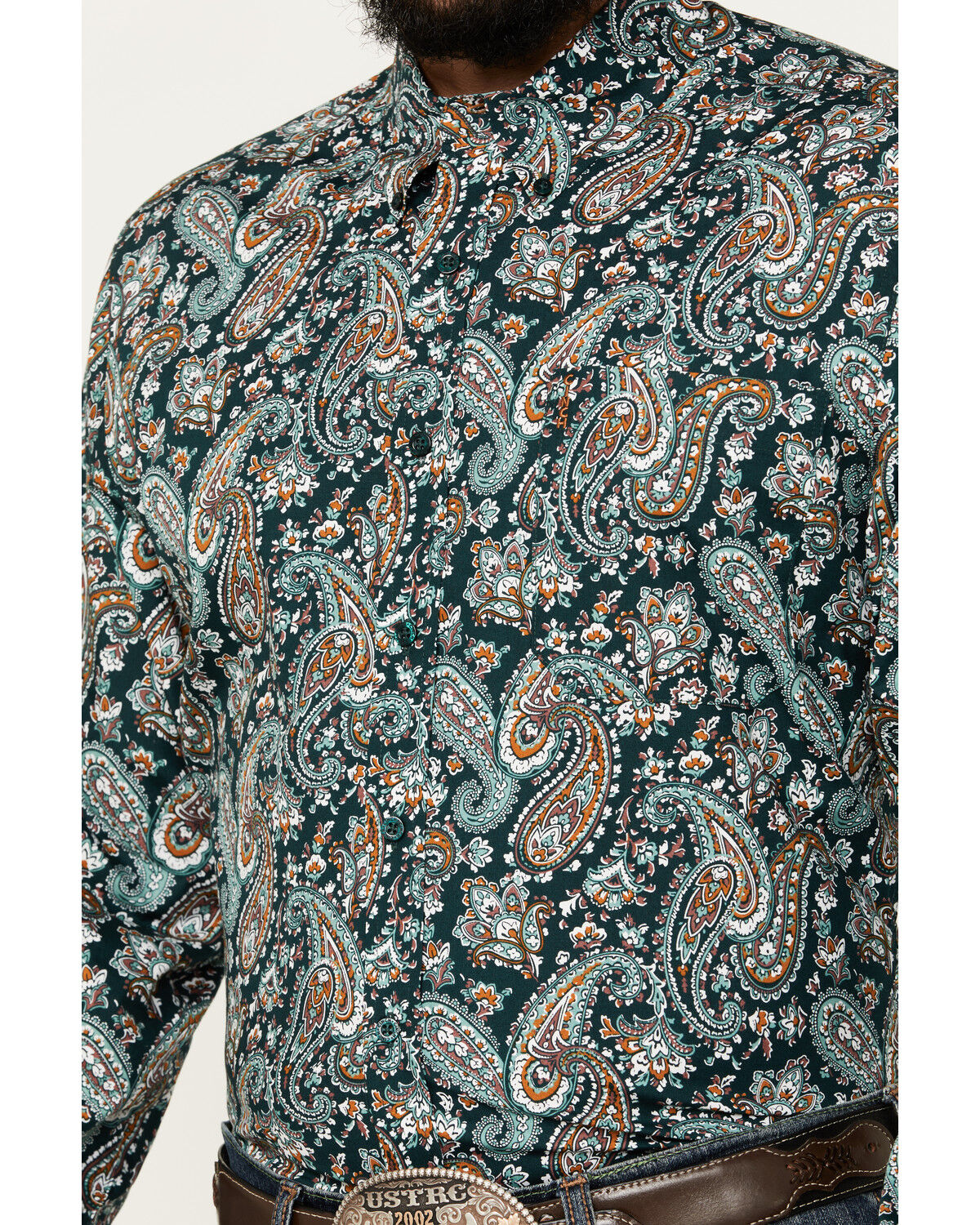 Image #3 - Cinch Men's Paisley Print Long Sleeve Button-Down Western Shirt, Dark Green, hi-res