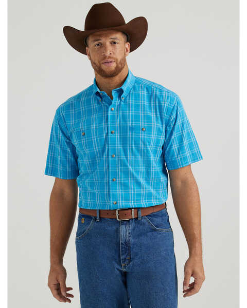 George Strait by Wrangler Men's Plaid Print Short Sleeve Button-Down Stretch Western Shirt, Bright Blue, hi-res