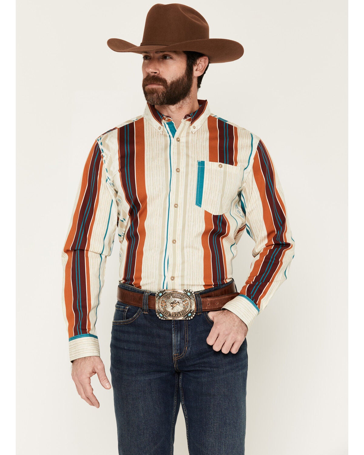 Image #1 - RANK 45&reg; Men's Georgia Line Southwestern Stripe Print Long Sleeve Button-Down Stretch Western Shirt, Ivory, hi-res