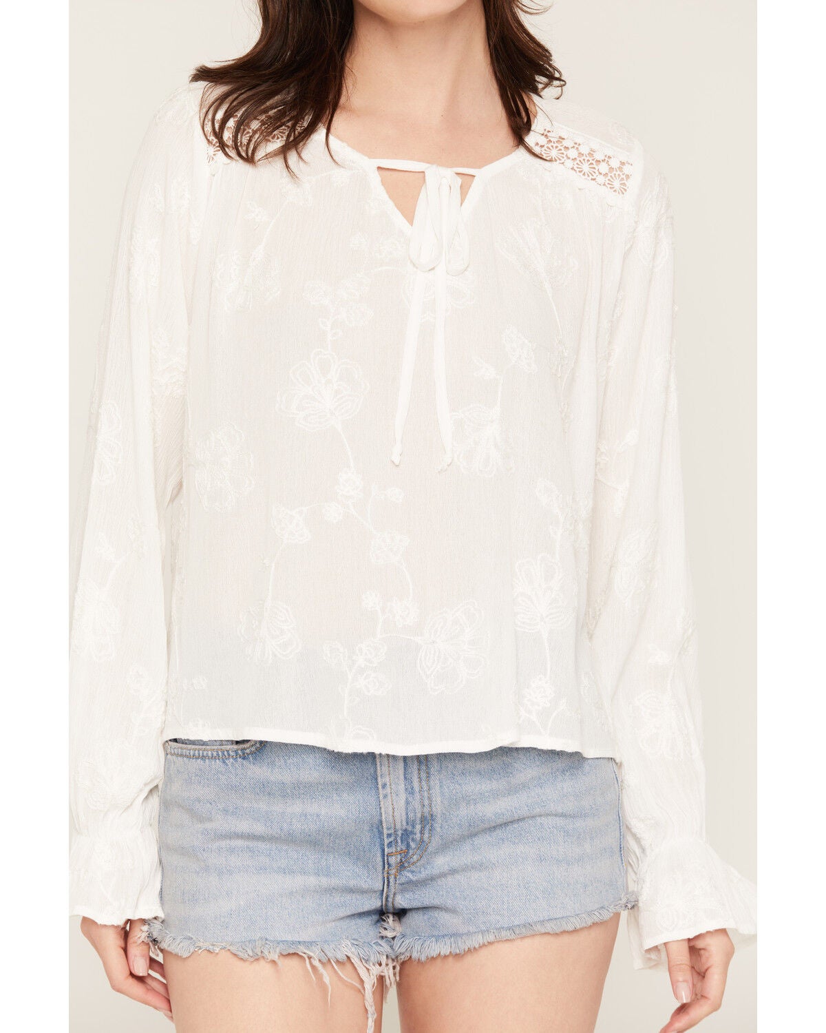 Image #3 - Wild Moss Women's Tonal Embroidered Long Sleeve Peasant Top, Ivory, hi-res
