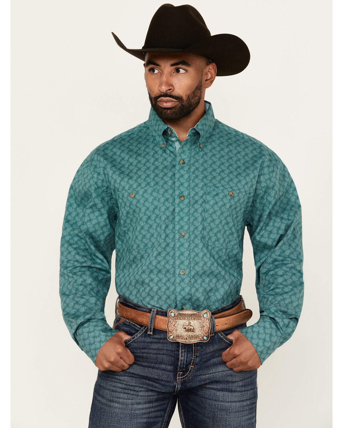 George Strait by Wrangler Men's Paisley Print Long Sleeve Button-Down Stretch Western Shirt - Tall, Turquoise, hi-res