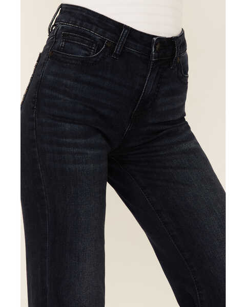 Shyanne Women's Chandelier Pocket High Rise Flare Jeans, Dark Blue, hi-res