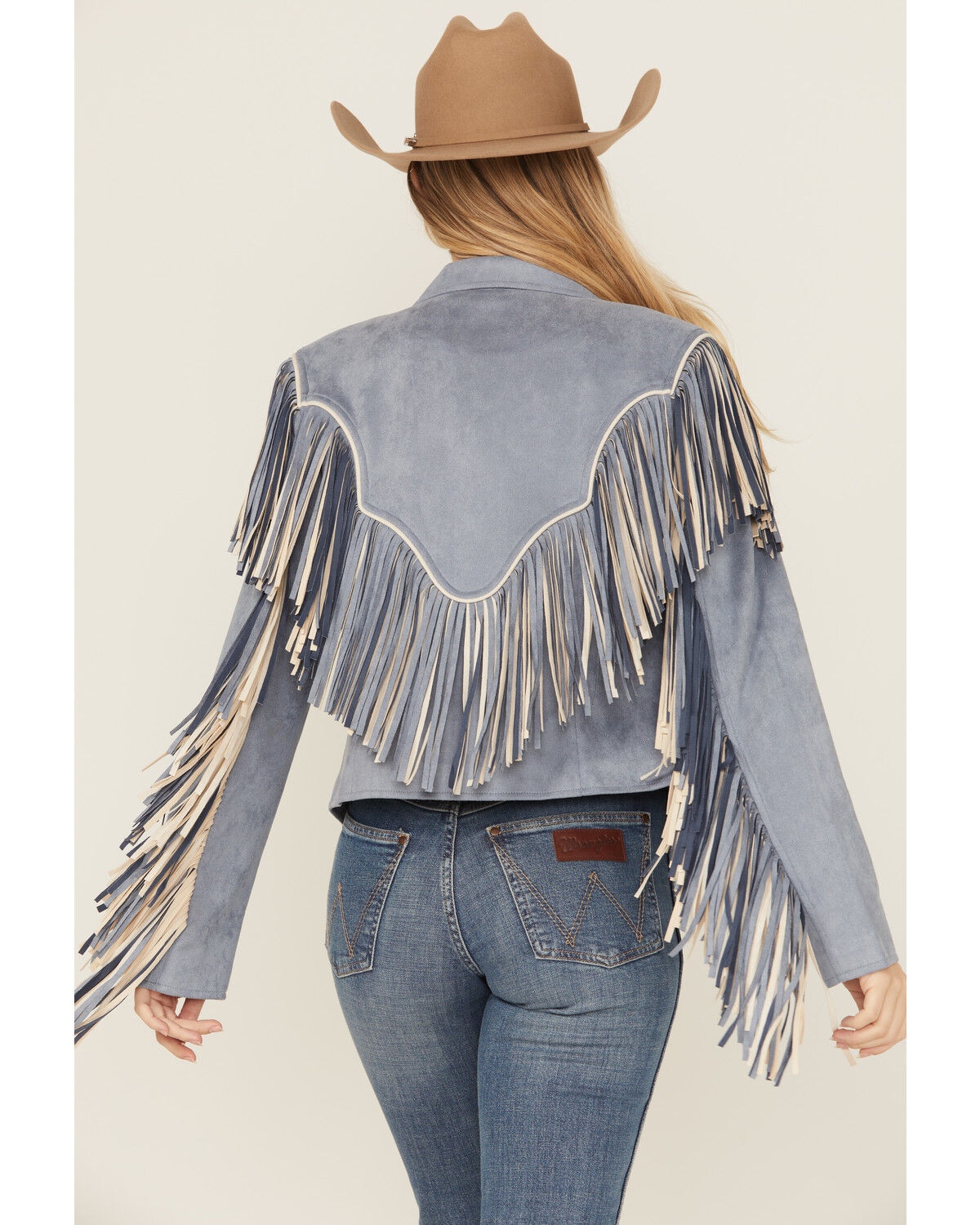 Image #4 - Saints & Hearts Women's Faux Fringe Suede Button-Down Jacket, Blue, hi-res