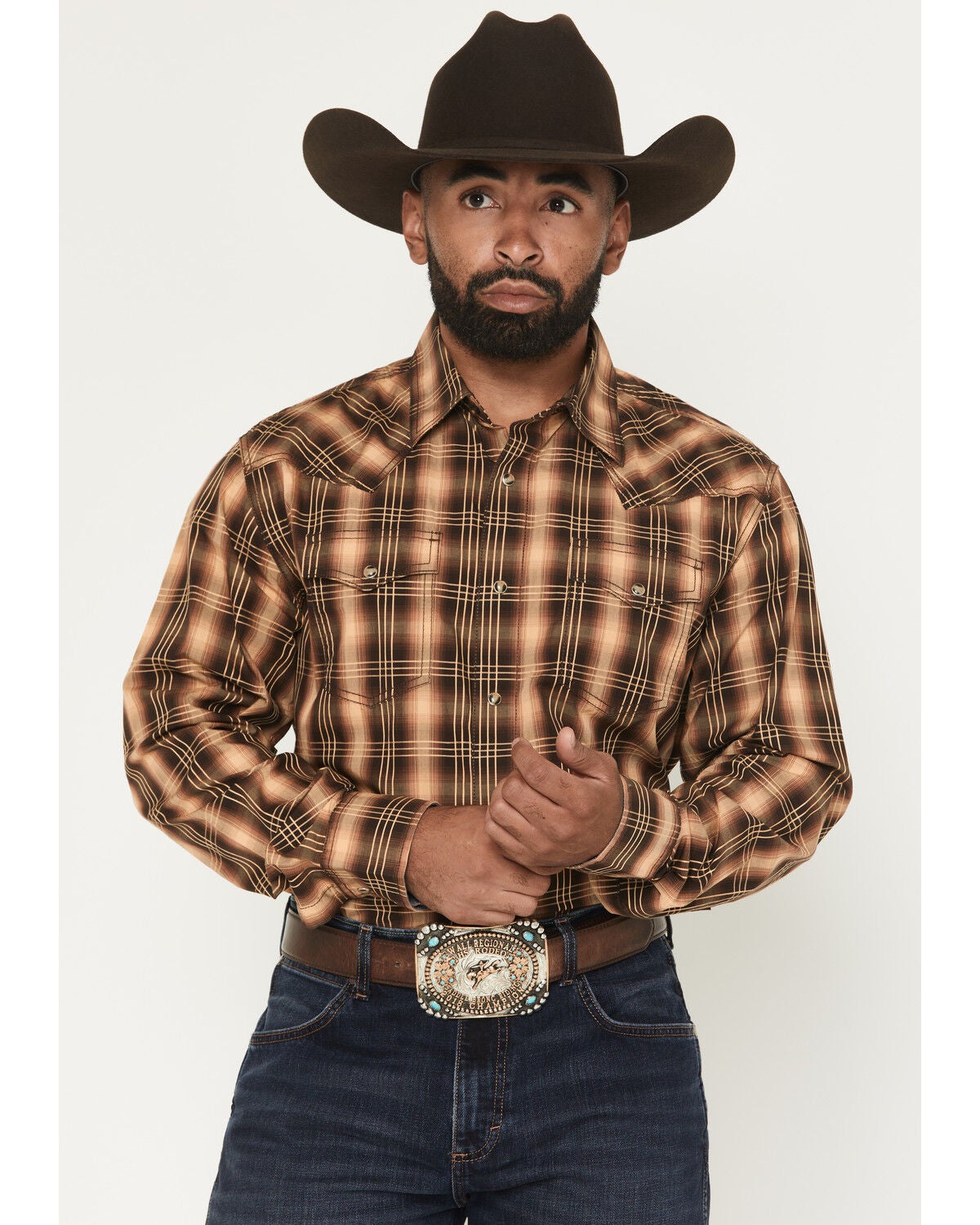 Image #1 - Wrangler Retro Men's Premium Plaid Print Long Sleeve Snap Western Shirt, Brown, hi-res