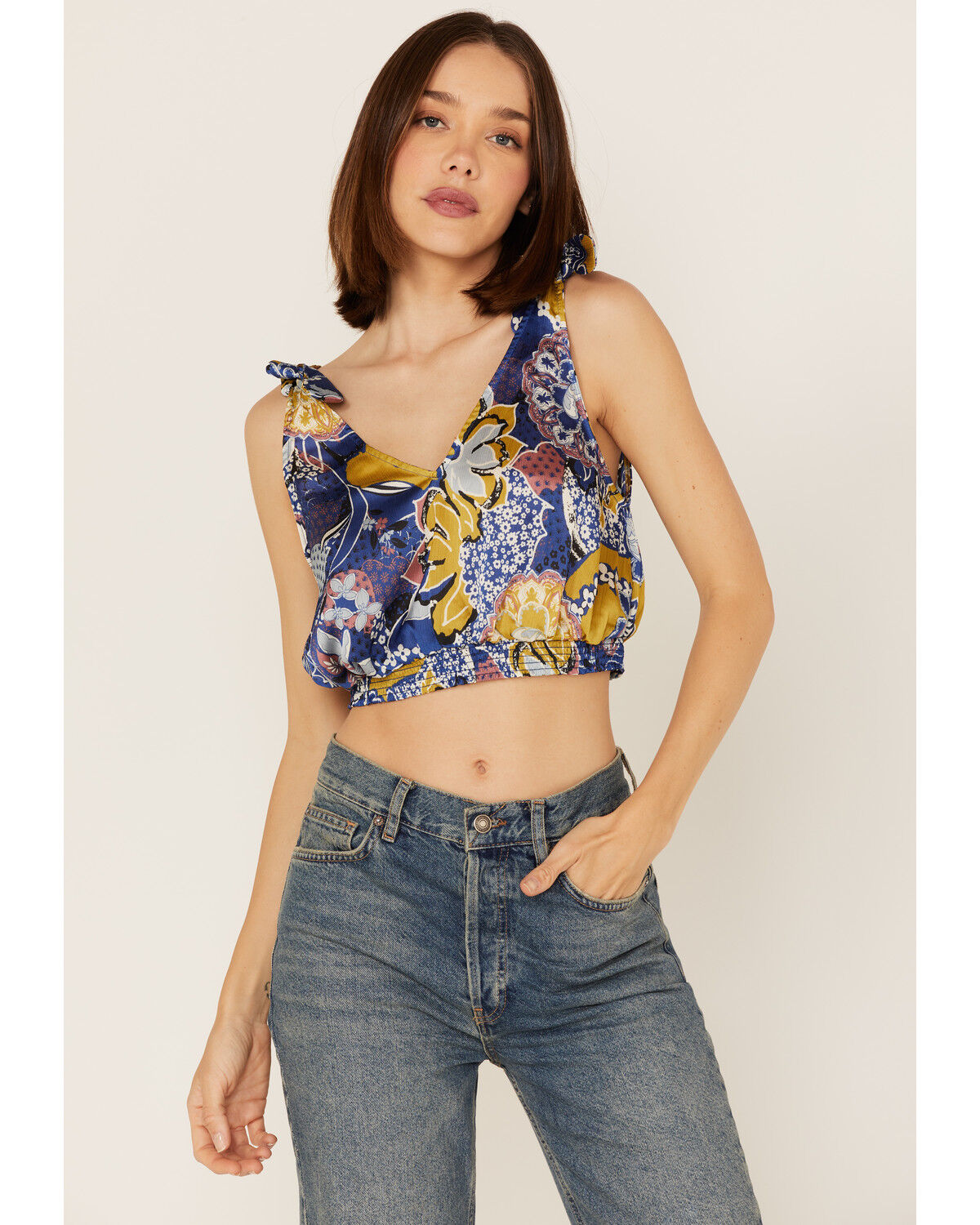 Image #1 - Free People Women's Weekend In Montauk Floral Print Cropped Tank Top, Blue, hi-res