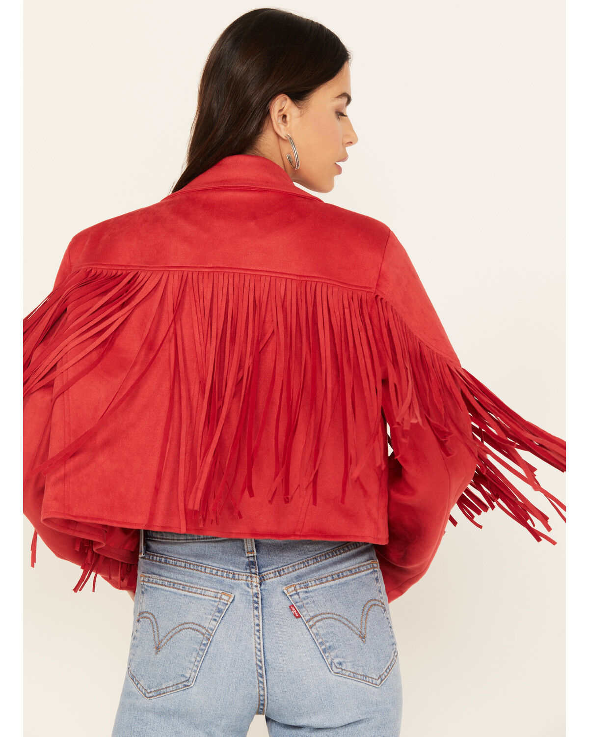 Image #4 - Saints & Hearts Women's Faux Suede Cropped Fringe Jacket, Red, hi-res