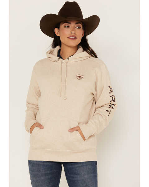 Ariat Women's Embroidered Logo Hoodie, Tan, hi-res