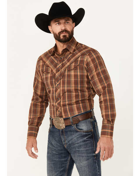 Roper Men's Plaid Print Embroidered Long Sleeve Snap Western Shirt, Brown, hi-res