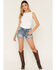 Image #1 - Miss Me Women's Light Wash Mid Rise Cross Pocket Stretch Denim Shorts, Light Wash, hi-res