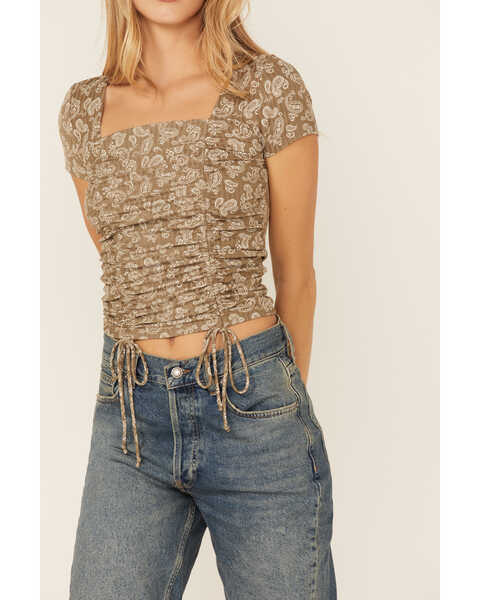 Image #2 - Wild Moss Women's Olive Short Sleeve Cinch Front Paisley Print Knit Top , Olive, hi-res
