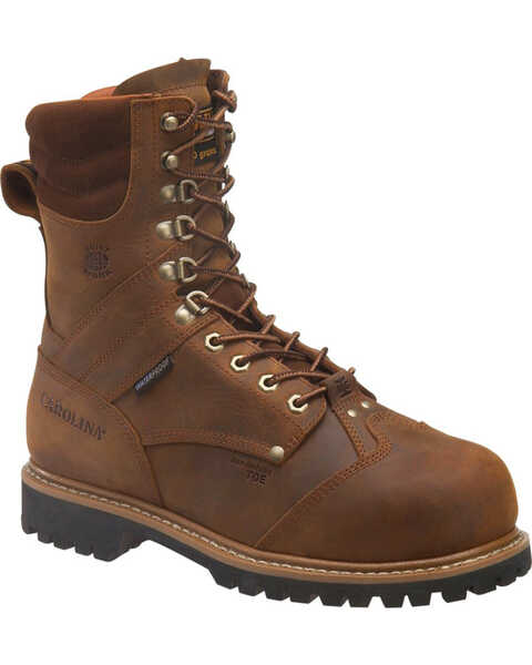 Image #1 - Carolina Men's 8" Waterproof Insulated Internal Met Guard Boots - Composite Toe, Brown, hi-res