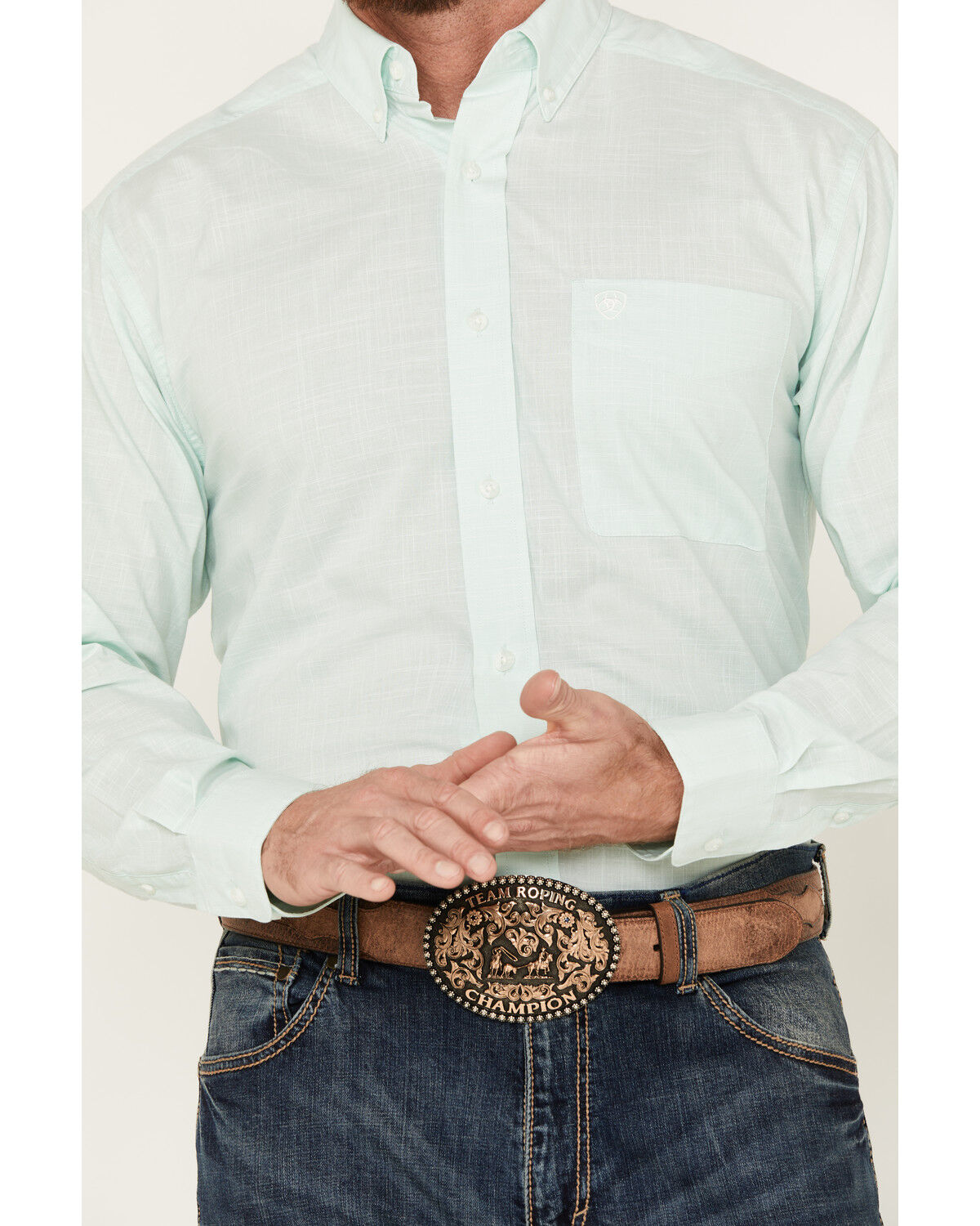 Image #3 - Ariat Men's Solid Slub Classic Fit Long Sleeve Button-Down Western Shirt - Tall, Mint, hi-res