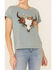 Image #3 - White Crow Women's Teal Floral Longhorn Skull Graphic Short Sleeve Tee, Teal, hi-res