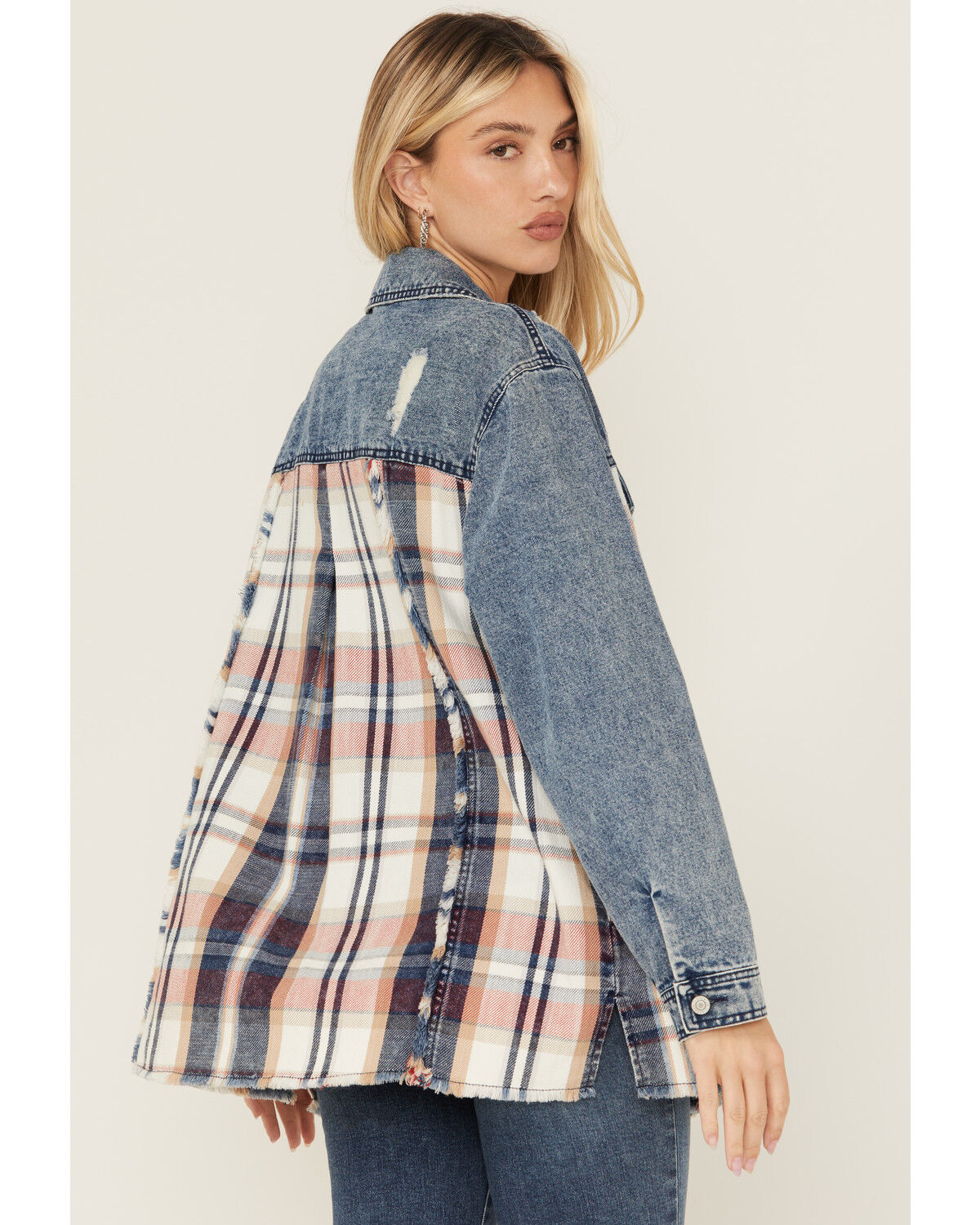 Image #4 - 26 International Women's Plaid Print Long Sleeve Button-Down Denim Shacket, Blue, hi-res