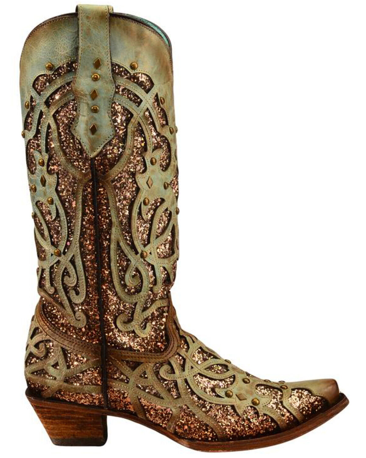 Image #2 - Corral Women's Mint Glitter Inlay Western Boots - Snip Toe, Green, hi-res