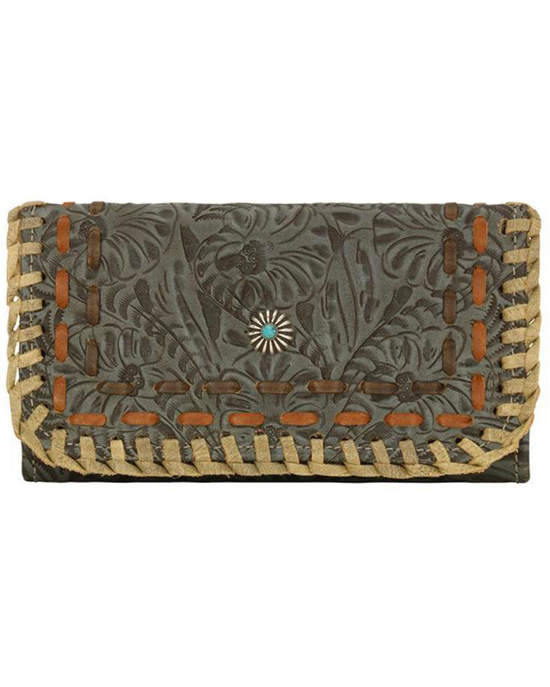 American West Women's Melissa Collection Tooled Tri-Fold Wallet, Turquoise, hi-res
