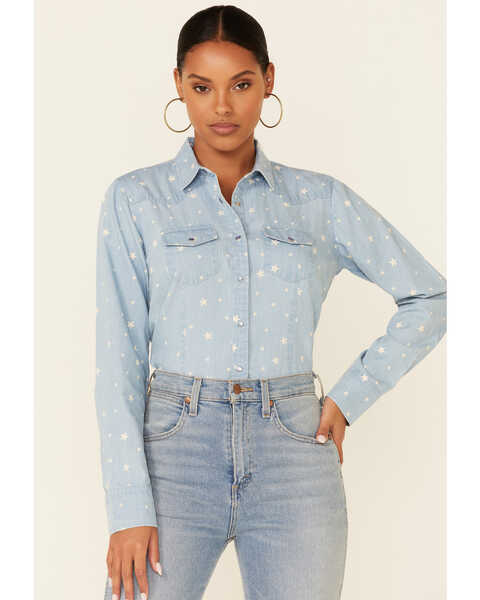 Cotton & Rye Outfitters Women's Chambray Stars At Night Print Long Sleeve Snap Western Shirt , Light Blue, hi-res
