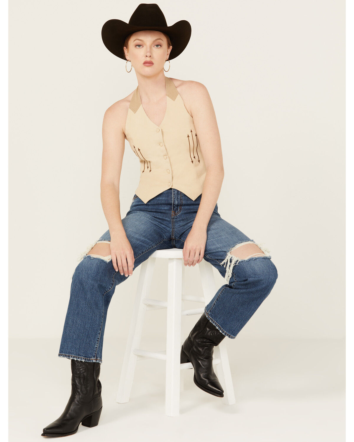 Image #1 - Rock & Roll Denim Women's Embroidered Button-Down Vest, Beige, hi-res