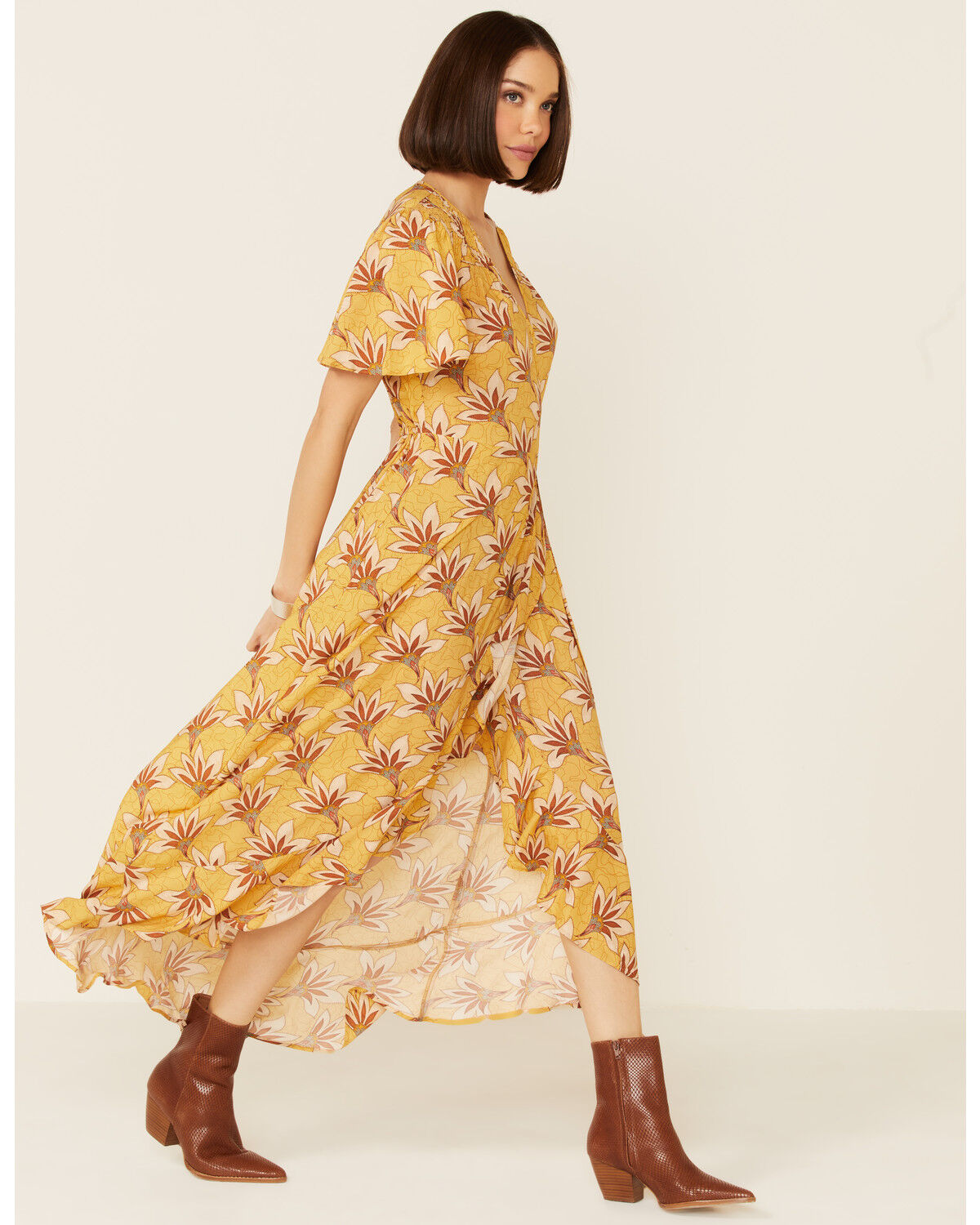 Image #3 - Band Of The Free Women's Floral Amelie Midi Dress, Mustard, hi-res