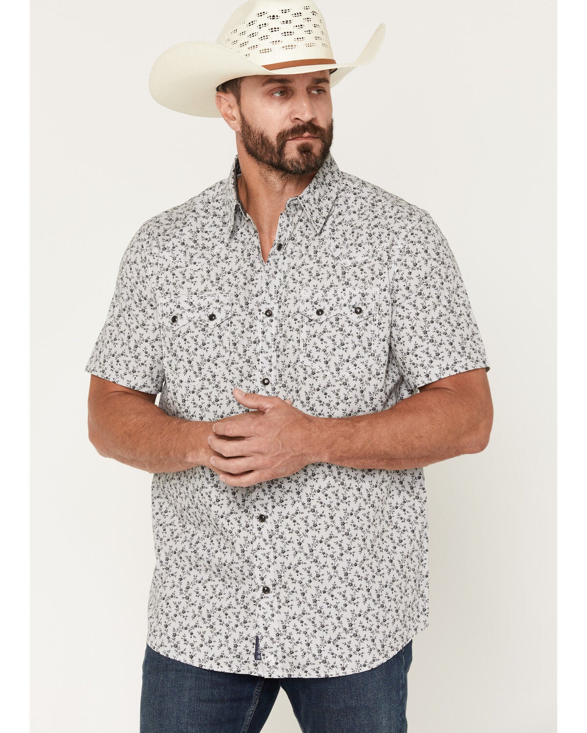 Moonshine Spirit Men's Runaway Floral Print Short Sleeve Snap Western Shirt, White, hi-res