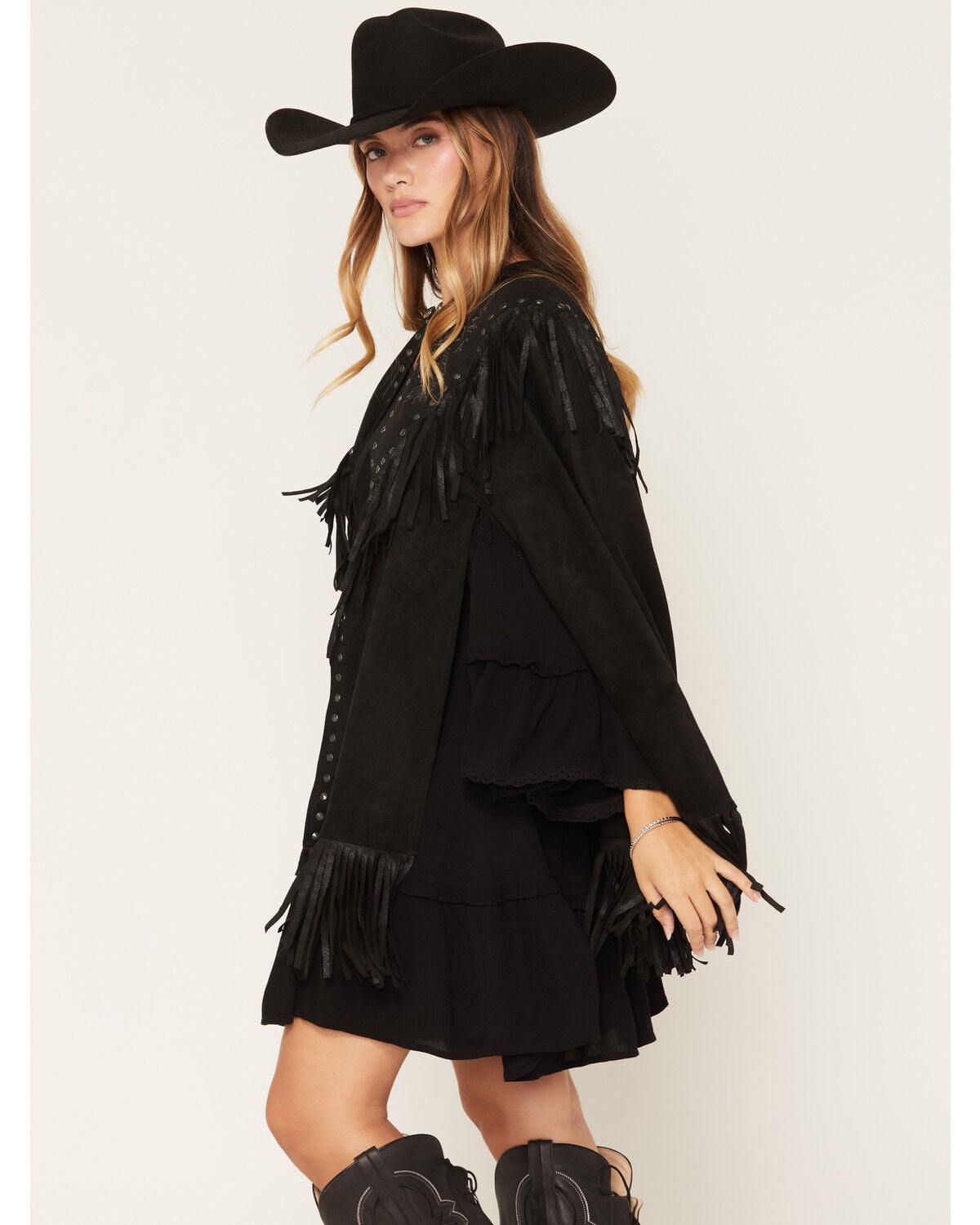 Image #3 - Shyanne Women's Shelby Faux Suede Fringe Capelet, Black, hi-res