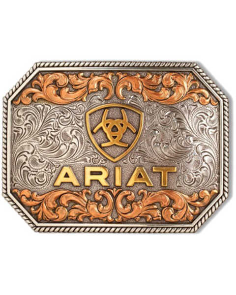 Image #1 - Ariat Men's Tri-Tone Logo Rectangular Belt Buckle , Silver, hi-res