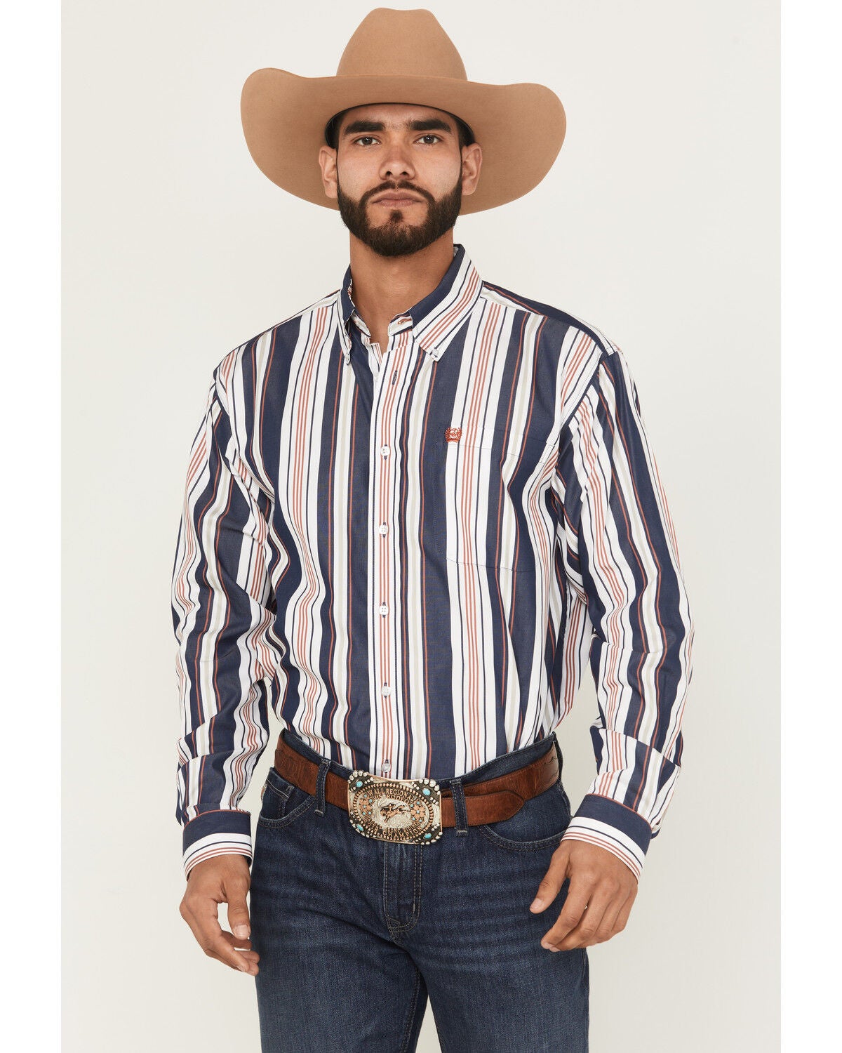 Cinch Men's Striped Long Sleeve Button-Down Western Shirt, Navy, hi-res