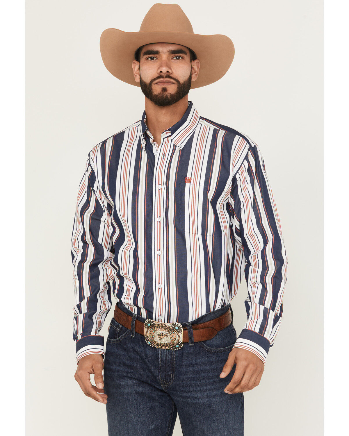 Image #1 - Cinch Men's Striped Long Sleeve Button-Down Western Shirt, Navy, hi-res