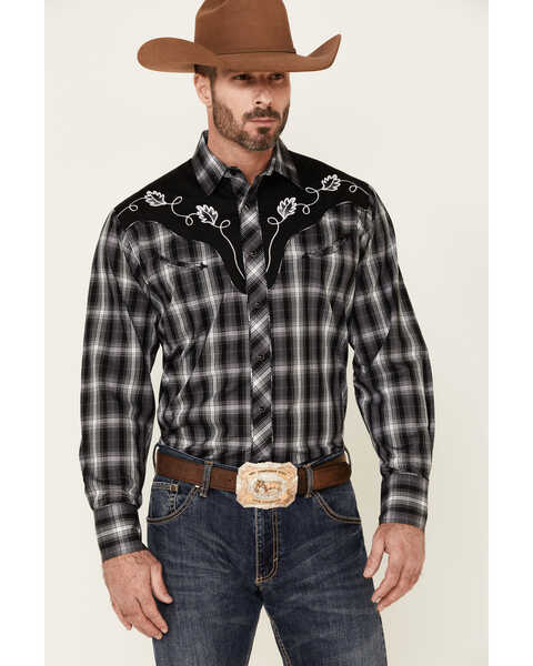 Roper Men's Black Plaid Fancy Applique Long Sleeve Snap Western Shirt , Black, hi-res