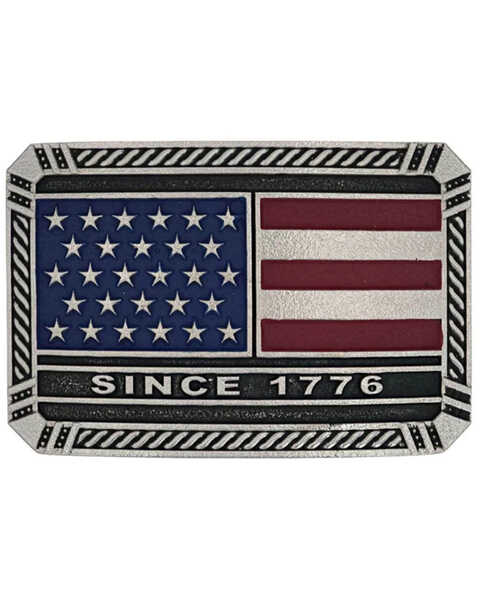 Image #1 - Montana Silversmiths Trimmed Square American Flag Attitude Belt Buckle, Silver, hi-res