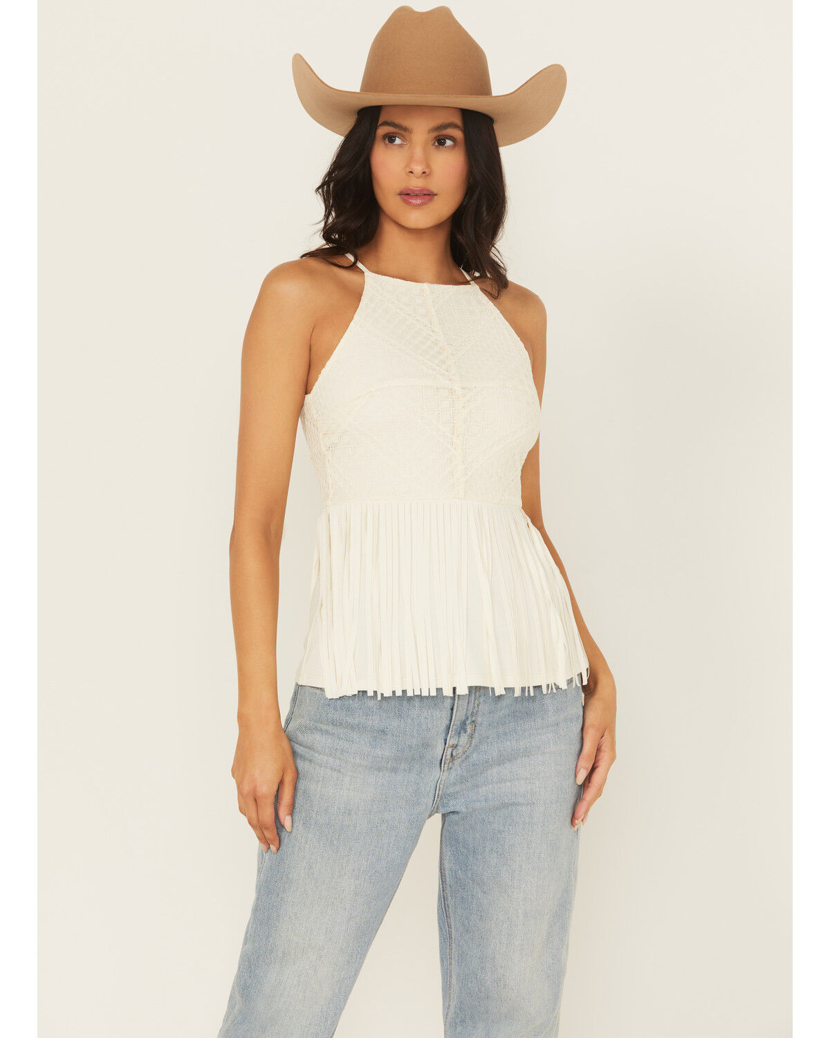 Image #1 - Shyanne Women's Stretch Lace Halter Fringe Tank, Cream, hi-res