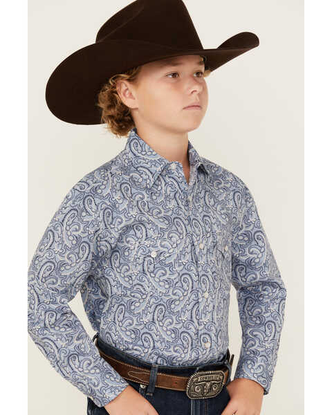 Image #2 - Rock & Roll Denim Boys' Paisley Print Long Sleeve Pearl Snap Stretch Western Shirt, Blue, hi-res