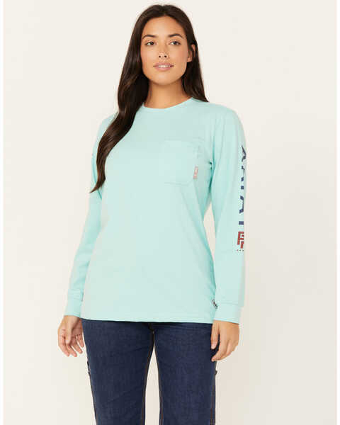 Image #2 - Ariat Women's FR Stretch Logo Long Sleeve Work Shirt, Turquoise, hi-res
