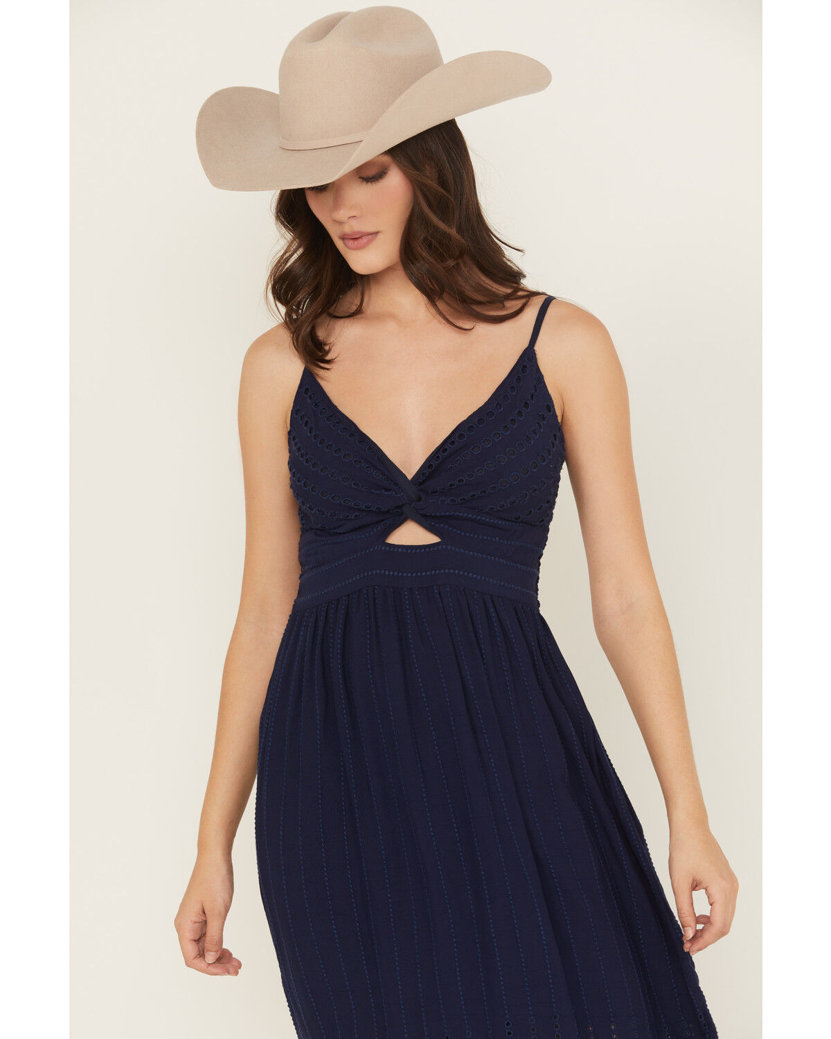 Image #2 - Angie Women's Embroidered Knot Front Midi Dress, Navy, hi-res