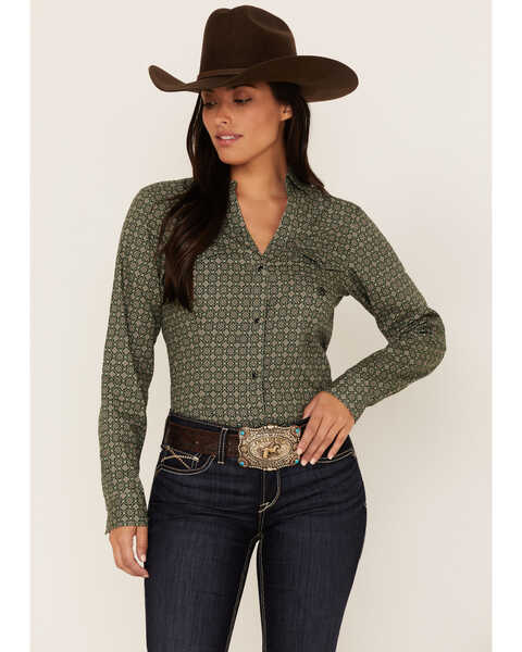 Image #1 - Roper Women's Medallion Print Long Sleeve Snap Western Shirt, Green, hi-res