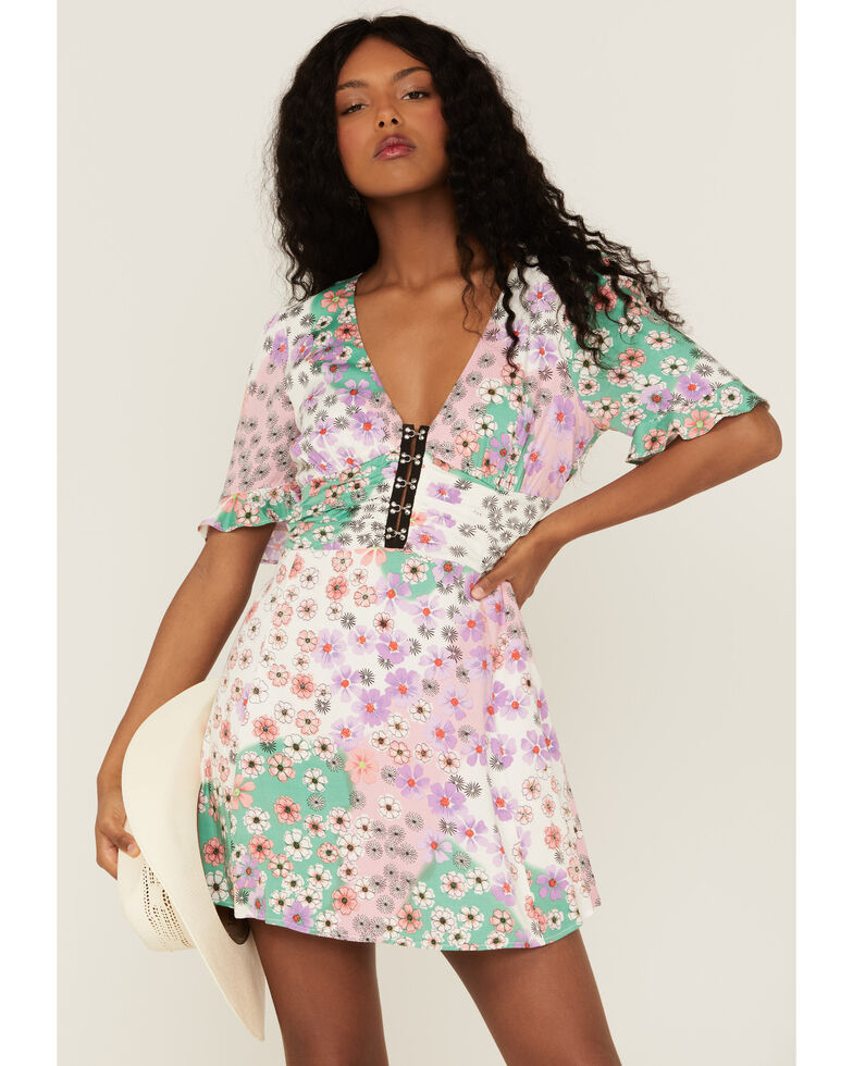 Beyond The Radar Women's Mixed Floral Print Corset Mini Dress, Cream, hi-res