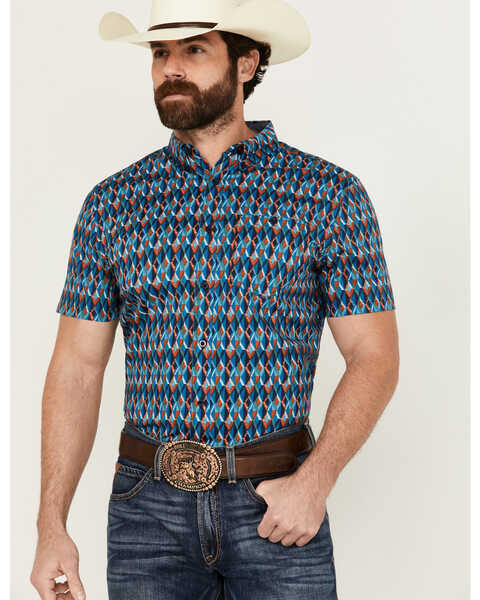 RANK 45® Men's Weststamp Southwestern Geo Print Short Sleeve Button-Down Stretch Western Shirt , Dark Blue, hi-res